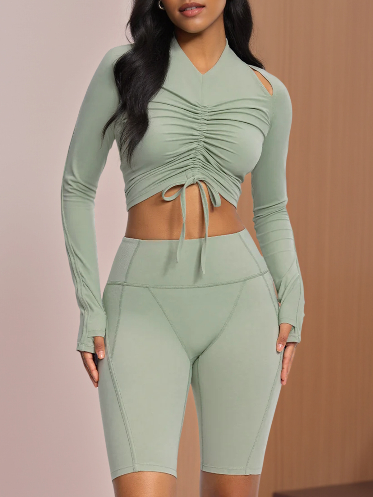 Long Sleeve Ruched Workout Slim Fit Cropped Tops
