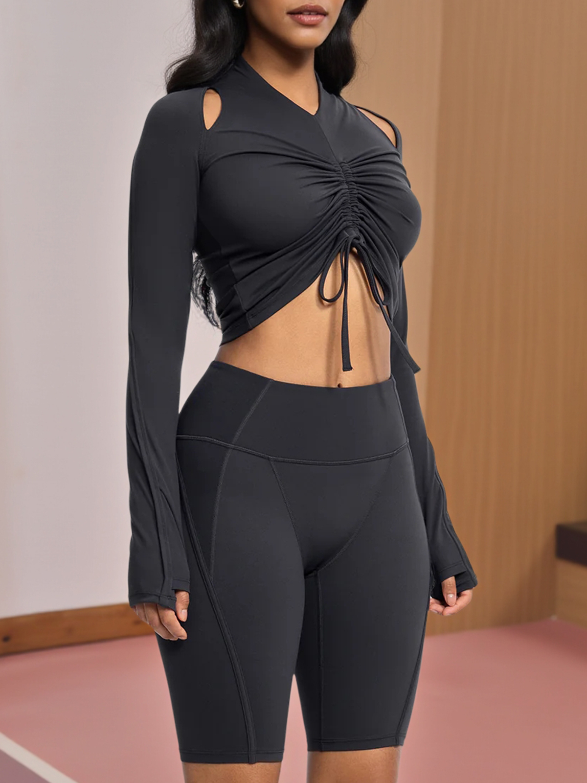 Long Sleeve Ruched Workout Slim Fit Cropped Tops