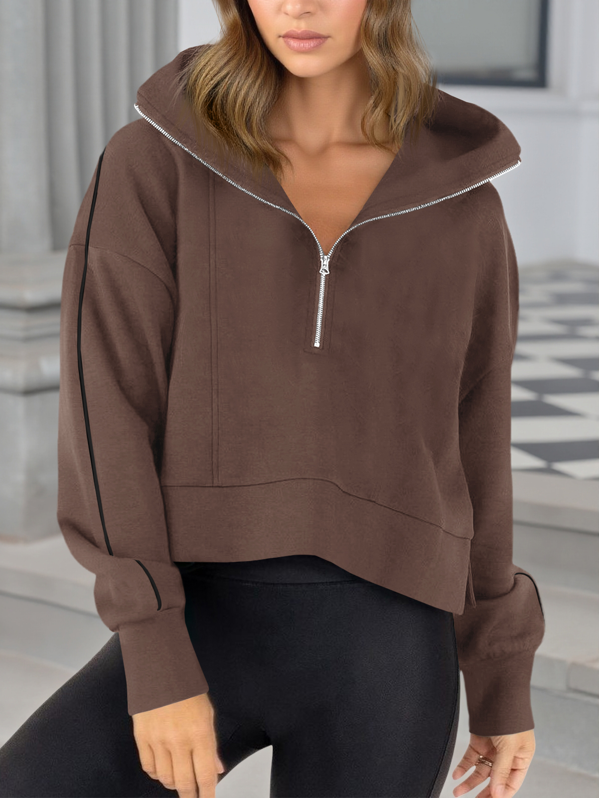 Casual Long Sleeve Half Zip Loose Fit Sweatshirt