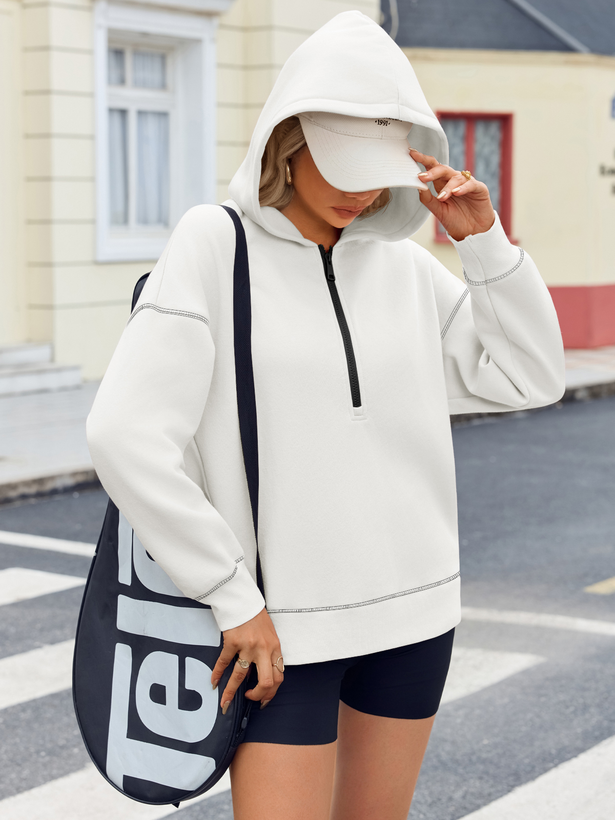 Casual Contrast Stitch Hoodies Loose Fall Half Zip Sweatshirts