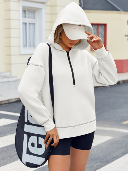 Casual Contrast Stitch Hoodies Loose Fall Half Zip Sweatshirts
