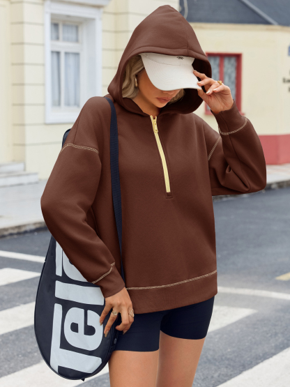 Casual Contrast Stitch Hoodies Loose Fall Half Zip Sweatshirts