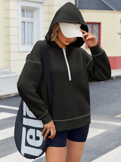 Casual Contrast Stitch Hoodies Loose Fall Half Zip Sweatshirts