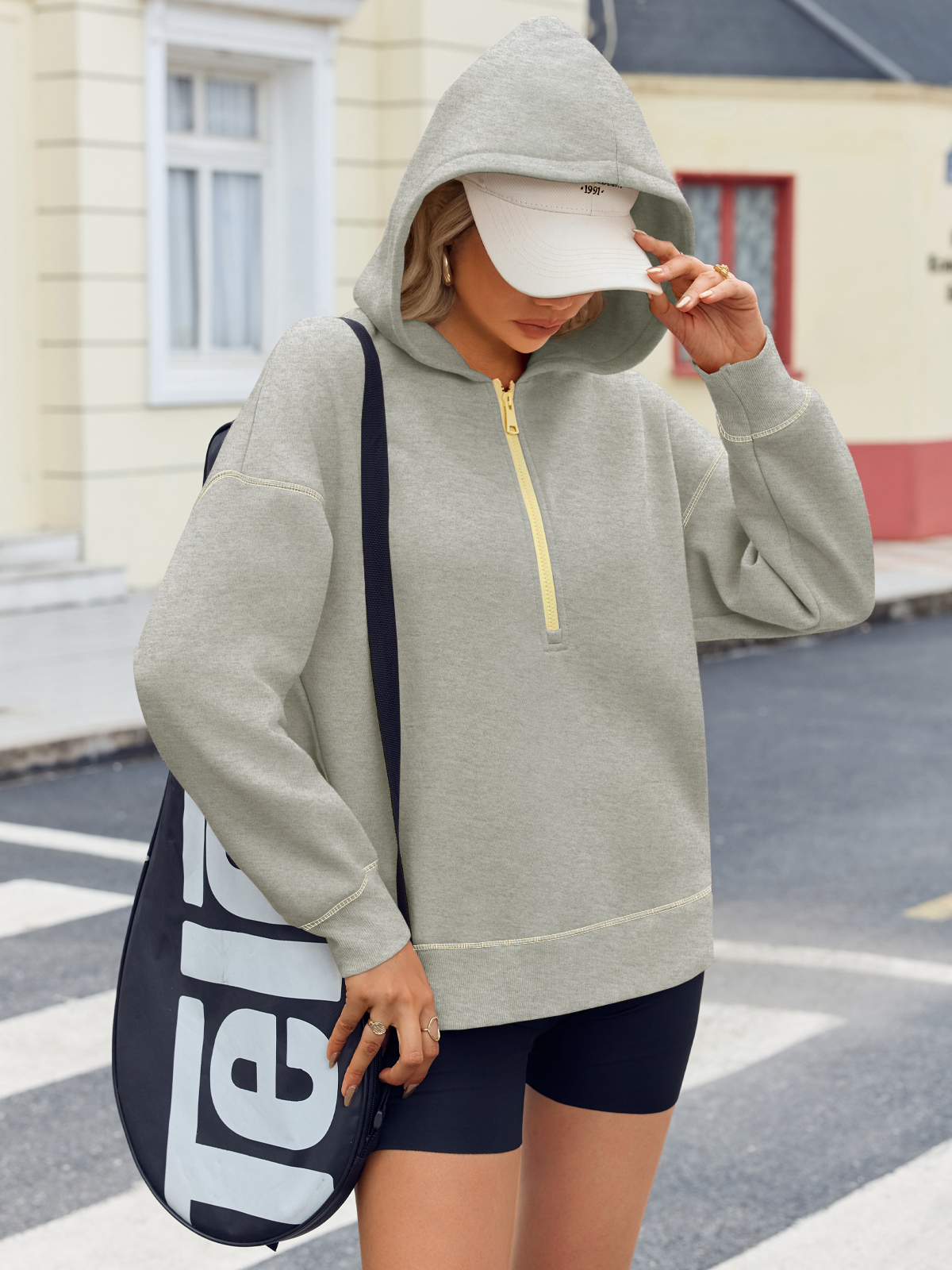 Casual Contrast Stitch Hoodies Loose Fall Half Zip Sweatshirts