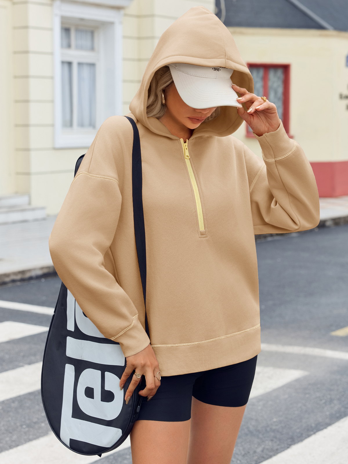 Casual Contrast Stitch Hoodies Loose Fall Half Zip Sweatshirts