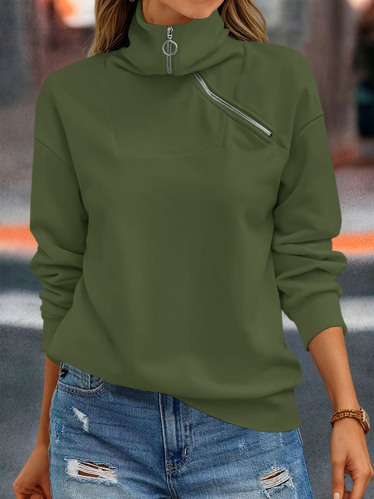 Casual Zipper Long Sleeve Turtleneck Loose Sweatshirt