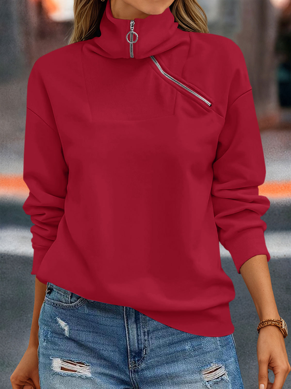 Casual Zipper Long Sleeve Turtleneck Loose Sweatshirt