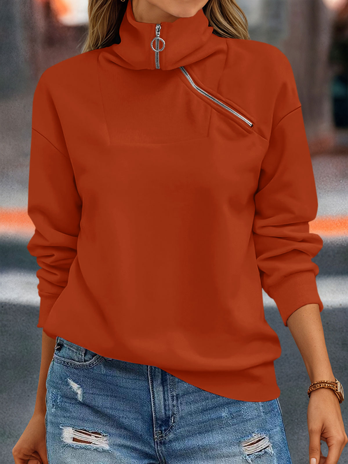 Casual Zipper Long Sleeve Turtleneck Loose Sweatshirt