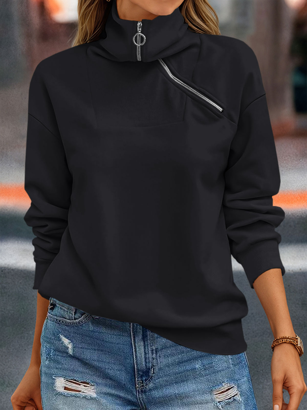 Casual Zipper Long Sleeve Turtleneck Loose Sweatshirt