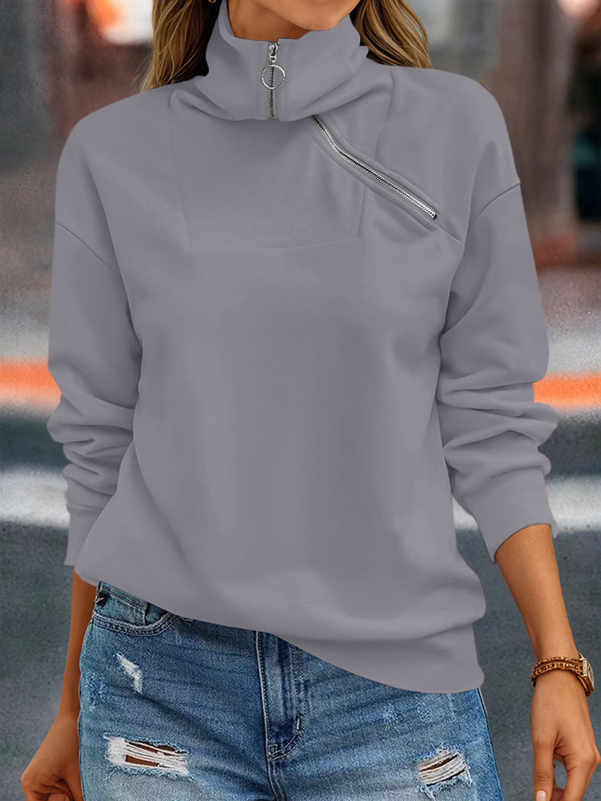 Casual Zipper Long Sleeve Turtleneck Loose Sweatshirt