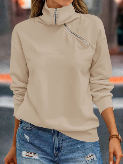 Casual Zipper Long Sleeve Turtleneck Loose Sweatshirt