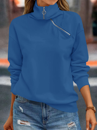 Casual Zipper Long Sleeve Turtleneck Loose Sweatshirt