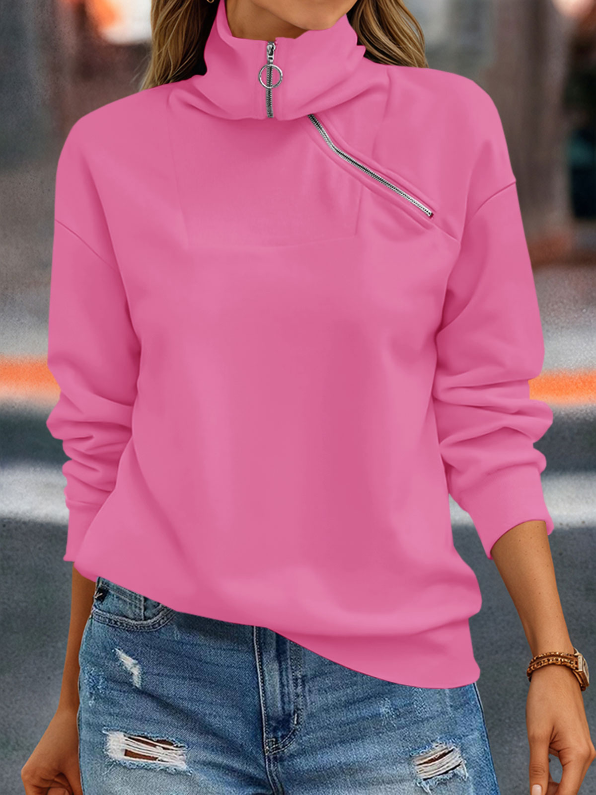 Casual Zipper Long Sleeve Turtleneck Loose Sweatshirt