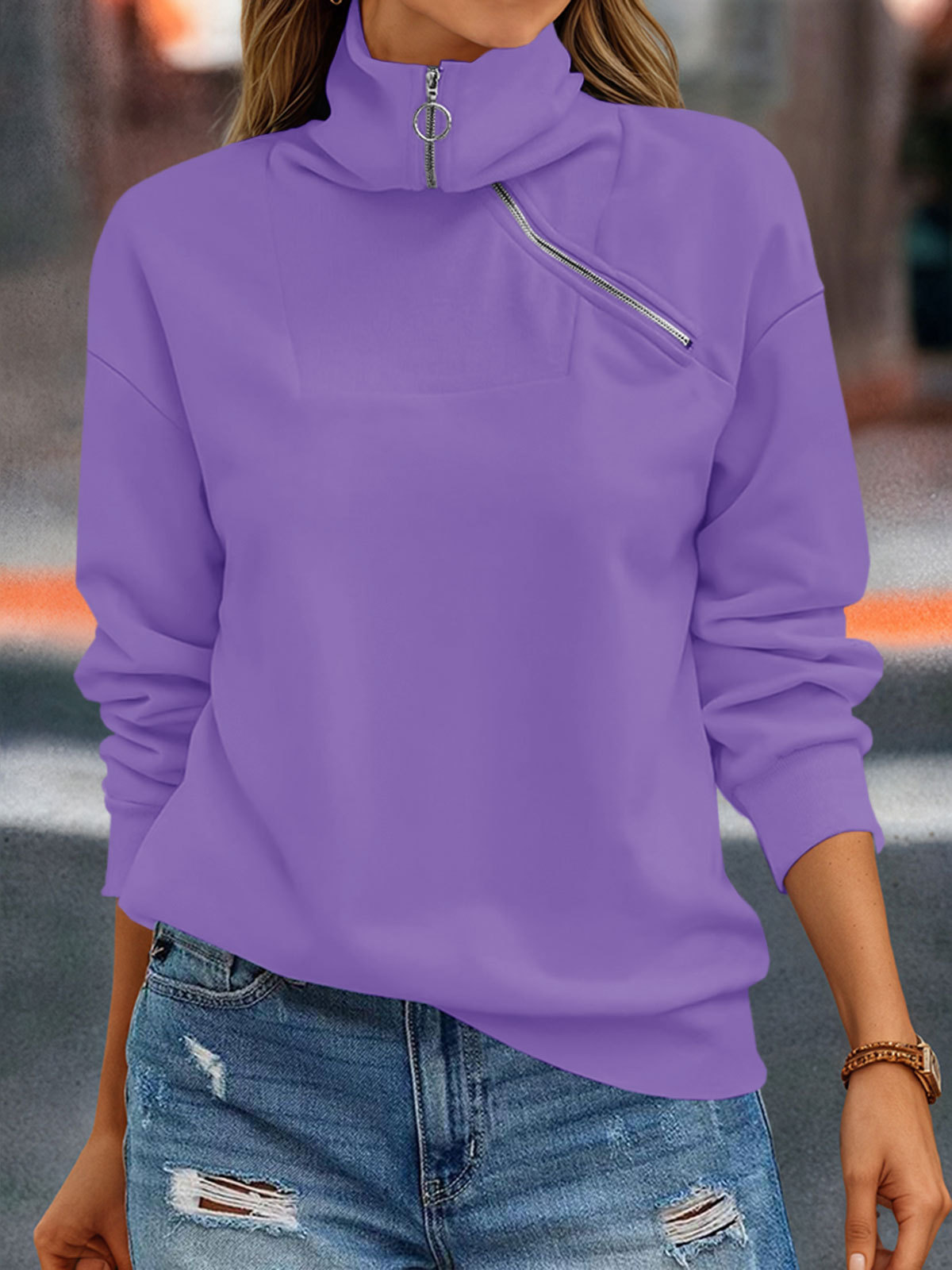 Casual Zipper Long Sleeve Turtleneck Loose Sweatshirt