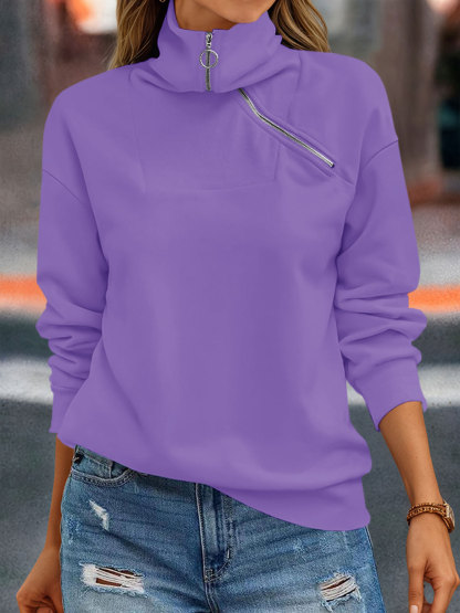 Casual Zipper Long Sleeve Turtleneck Loose Sweatshirt