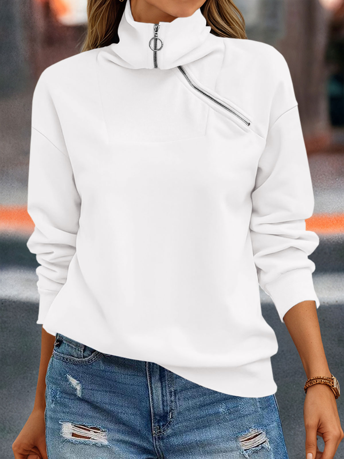 Casual Zipper Long Sleeve Turtleneck Loose Sweatshirt