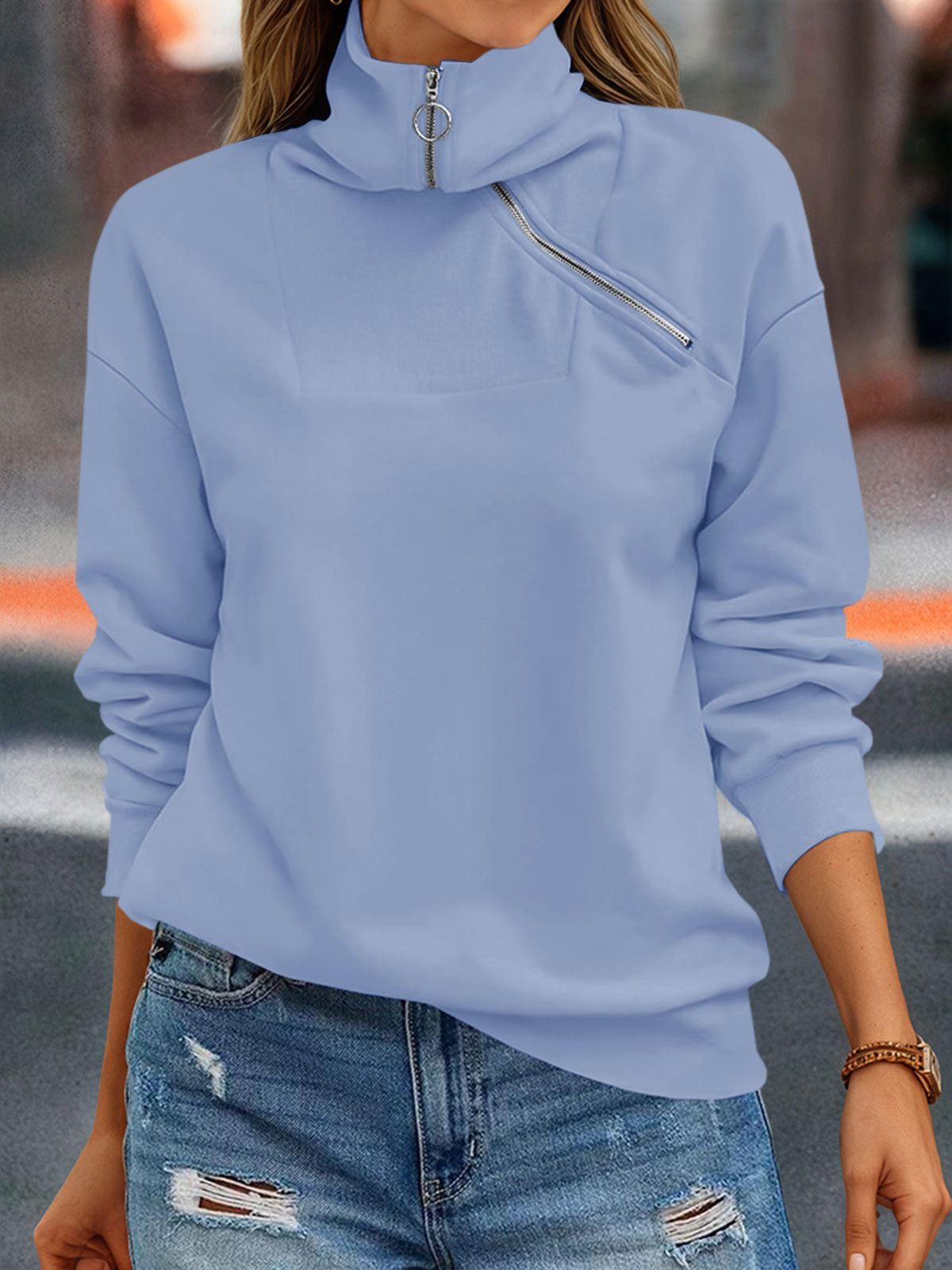 Casual Zipper Long Sleeve Turtleneck Loose Sweatshirt