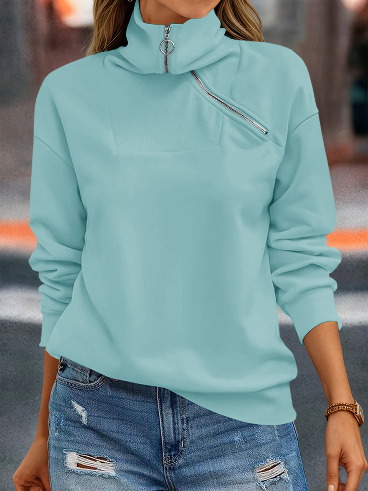 Casual Zipper Long Sleeve Turtleneck Loose Sweatshirt
