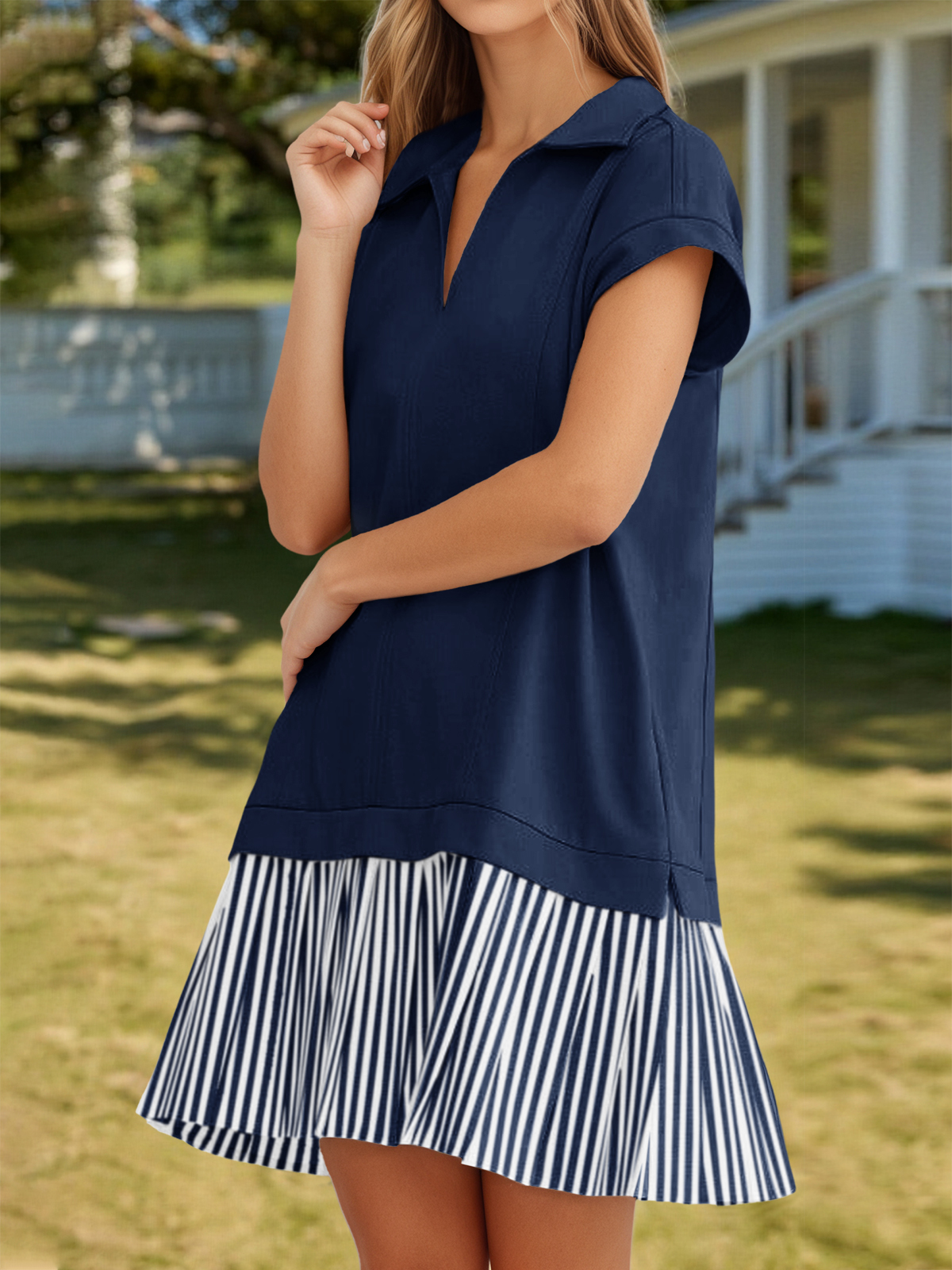 Patchwork Polo V Neck Striped Mini Dresses