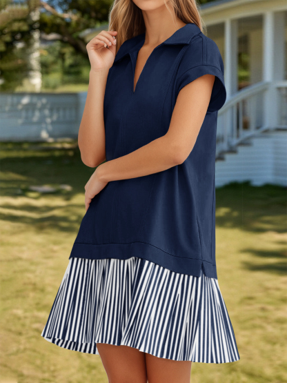 Patchwork Polo V Neck Striped Mini Dresses