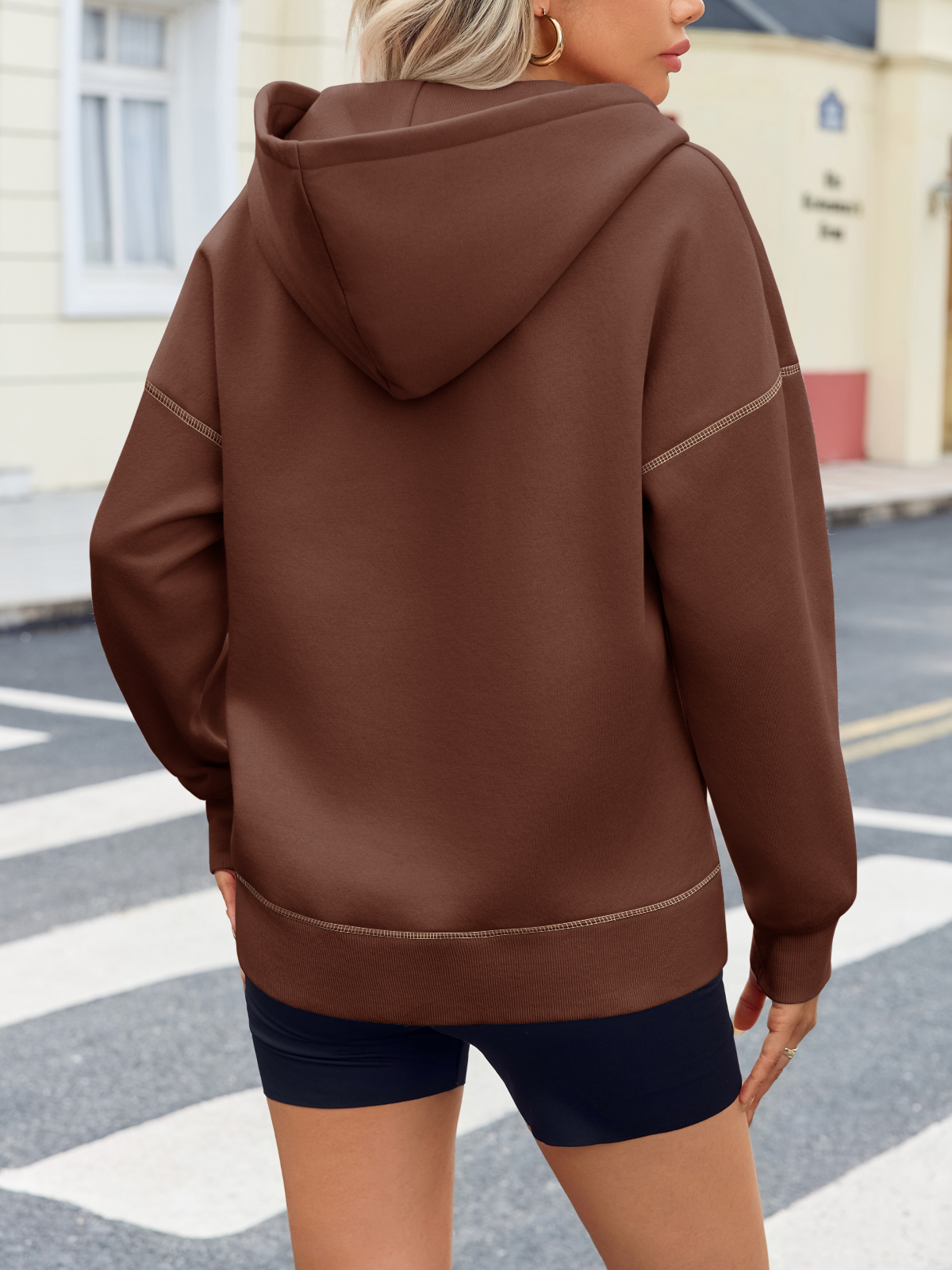 Casual Contrast Stitch Hoodies Loose Fall Half Zip Sweatshirts