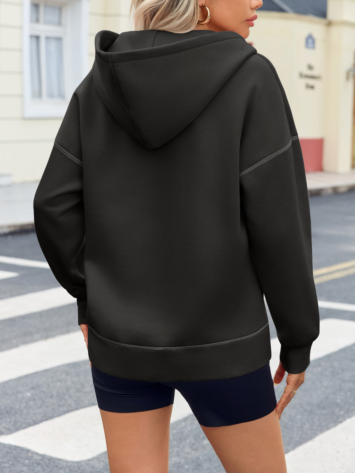 Casual Contrast Stitch Hoodies Loose Fall Half Zip Sweatshirts
