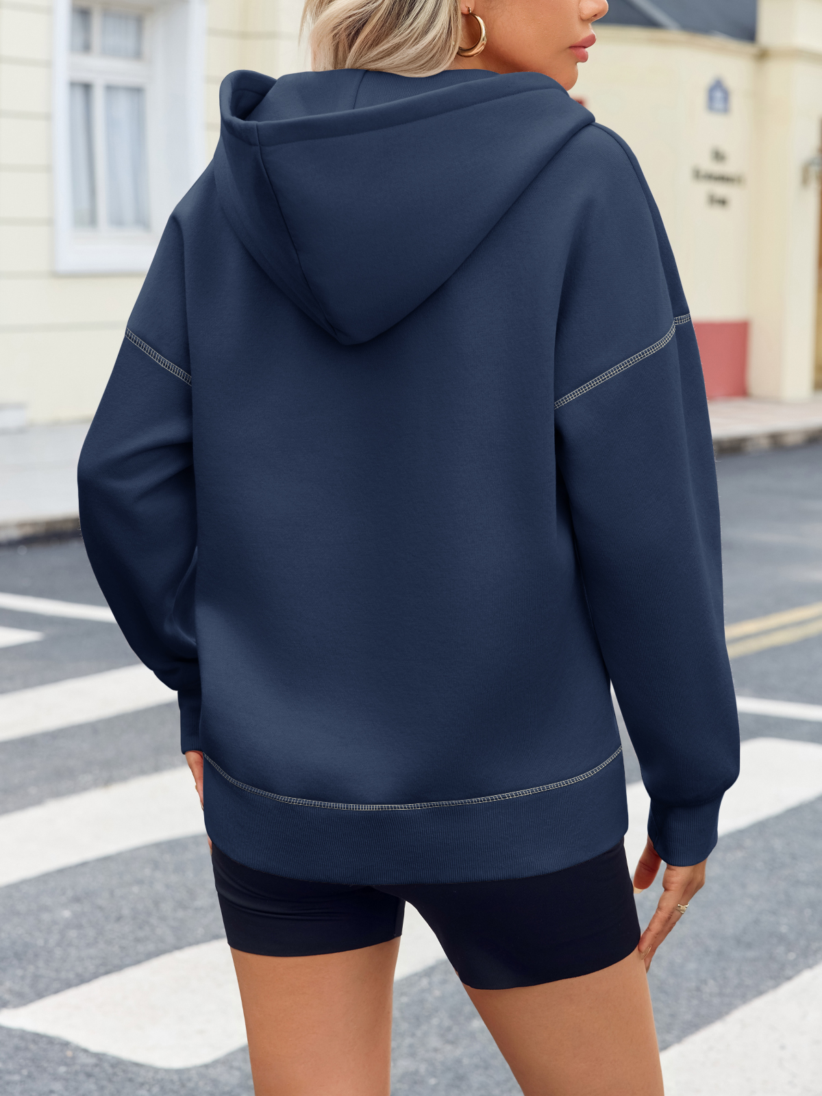 Casual Contrast Stitch Hoodies Loose Fall Half Zip Sweatshirts