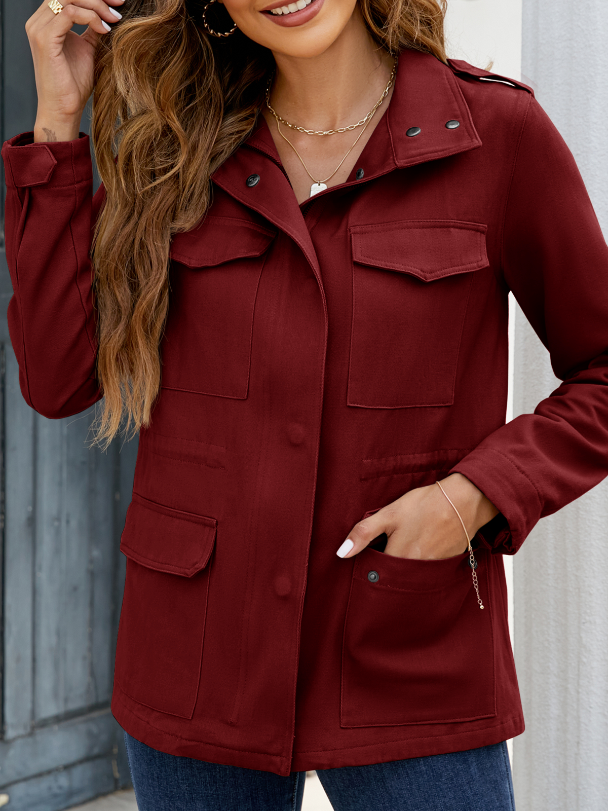 Zip Up Snap Buttons Military Anorak Jackets