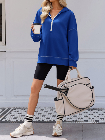 Casual Contrast Stitch Hoodies Loose Fall Half Zip Sweatshirts