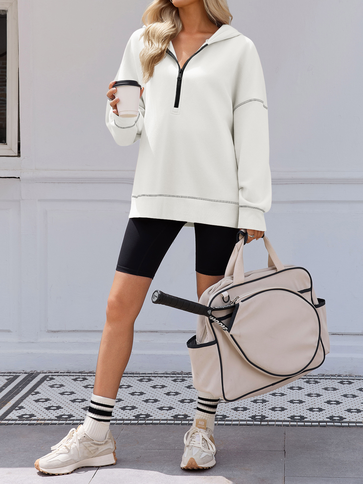 Casual Contrast Stitch Hoodies Loose Fall Half Zip Sweatshirts