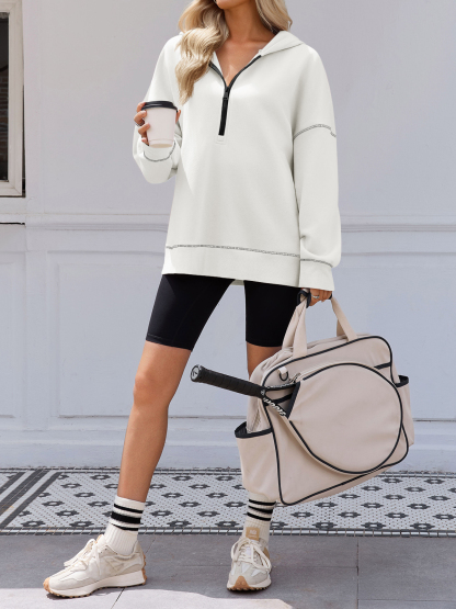 Casual Contrast Stitch Hoodies Loose Fall Half Zip Sweatshirts