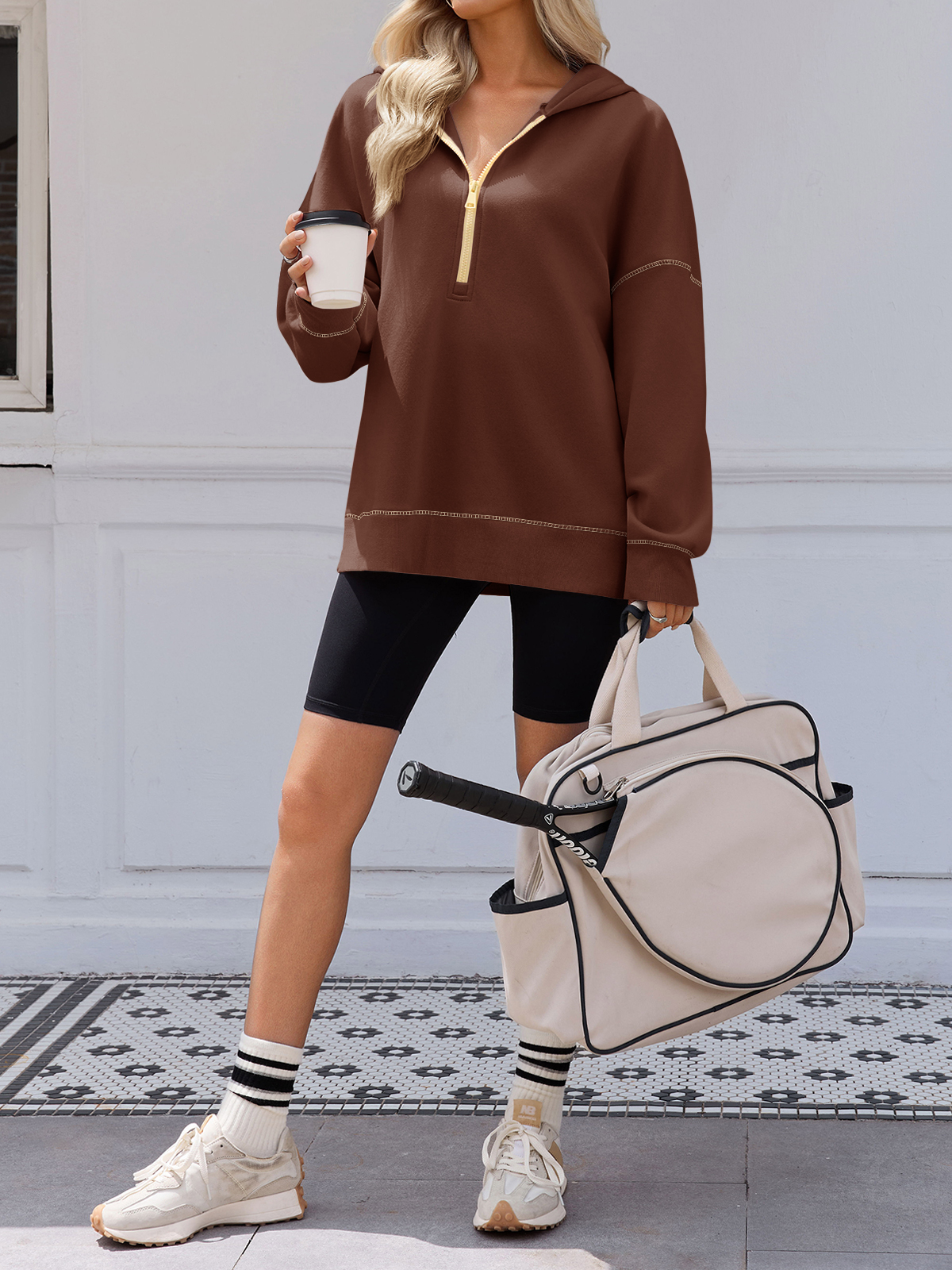 Casual Contrast Stitch Hoodies Loose Fall Half Zip Sweatshirts