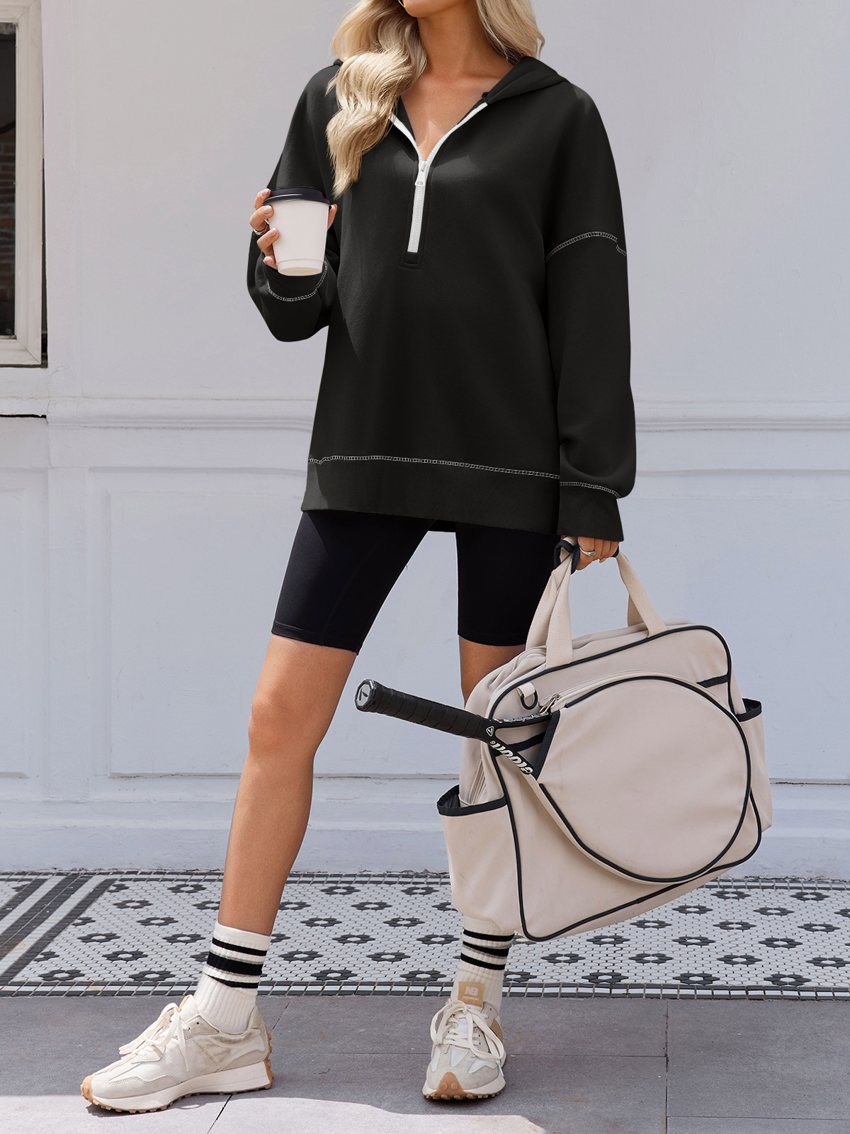 Casual Contrast Stitch Hoodies Loose Fall Half Zip Sweatshirts