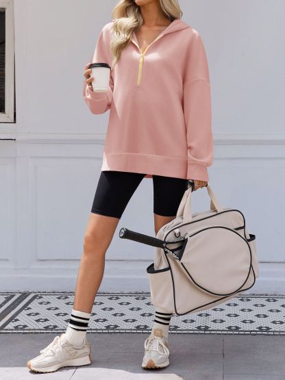 Casual Contrast Stitch Hoodies Loose Fall Half Zip Sweatshirts