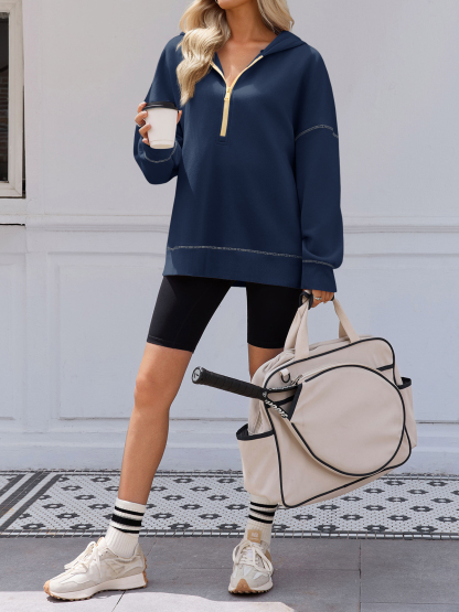 Casual Contrast Stitch Hoodies Loose Fall Half Zip Sweatshirts