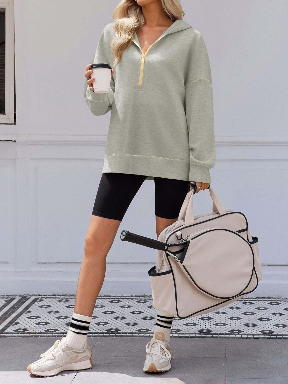 Casual Contrast Stitch Hoodies Loose Fall Half Zip Sweatshirts