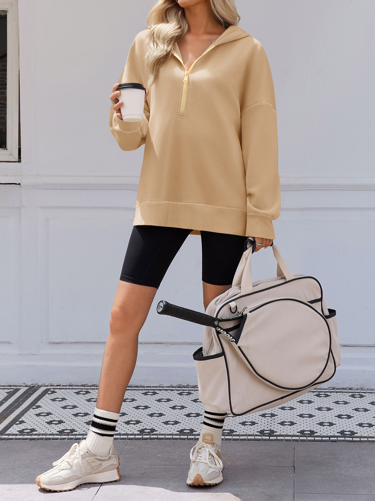 Casual Contrast Stitch Hoodies Loose Fall Half Zip Sweatshirts