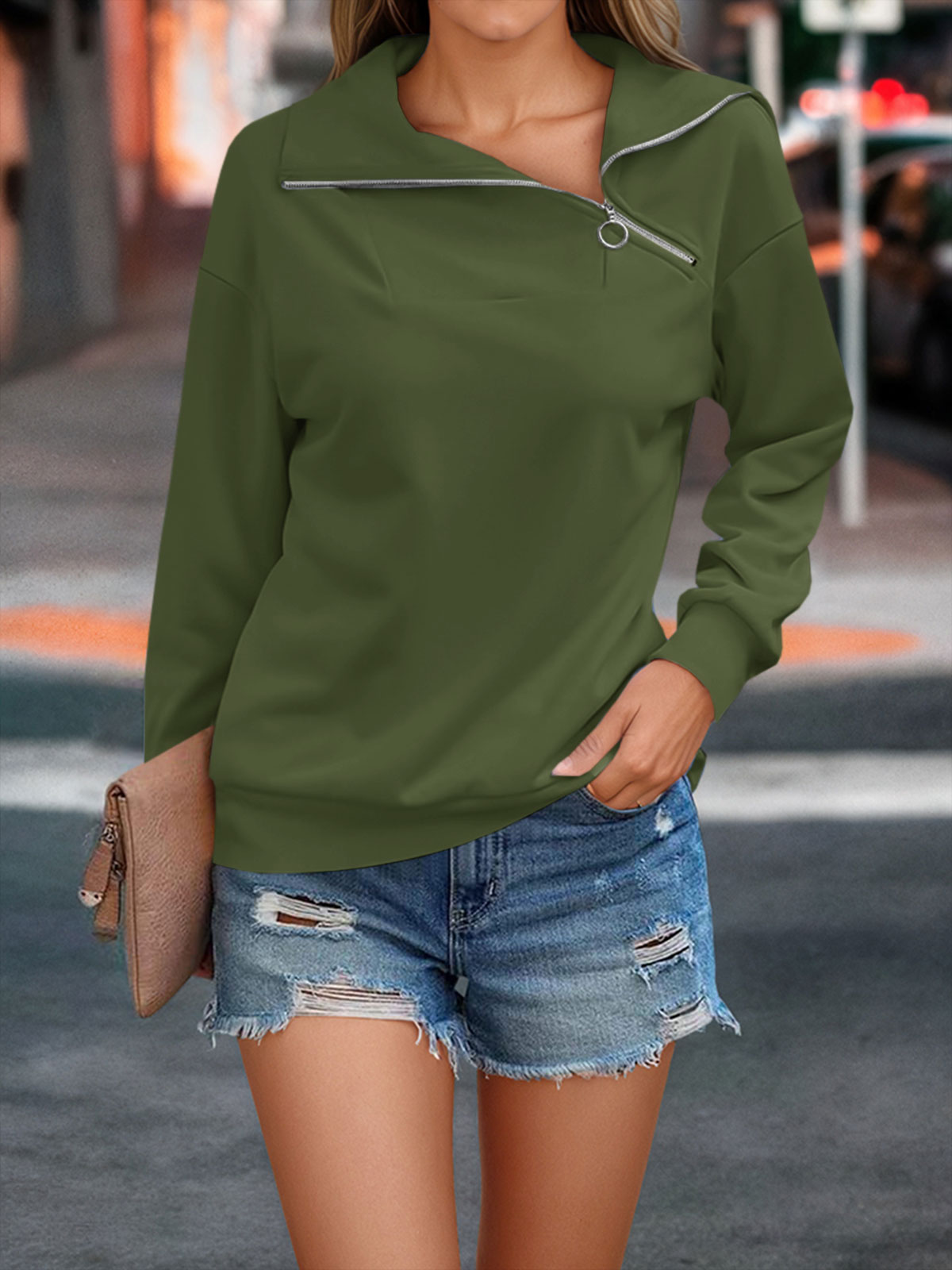Casual Zipper Long Sleeve Turtleneck Loose Sweatshirt