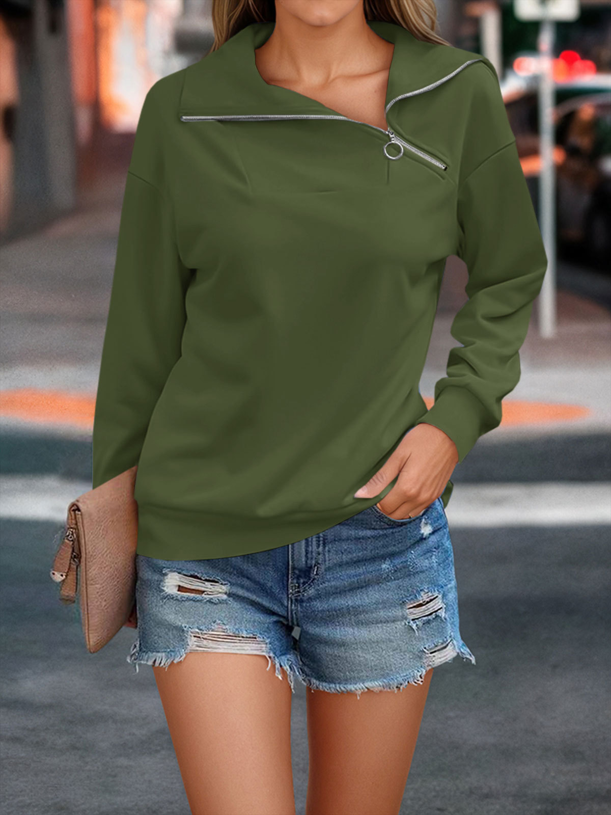 Casual Zipper Long Sleeve Turtleneck Loose Sweatshirt