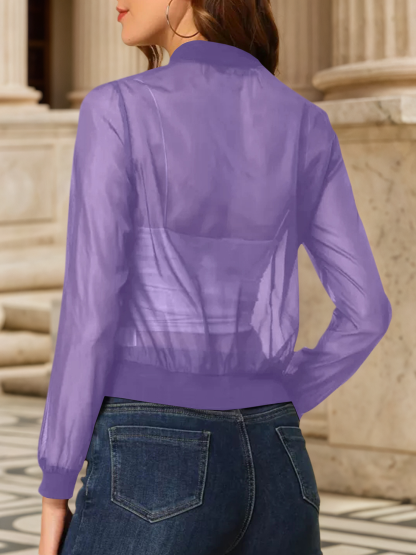 Fisoew Women's Crop Mesh Sheer Bomber Jackets Lightweight Long Sleeve Zip Up Jacket Outwear