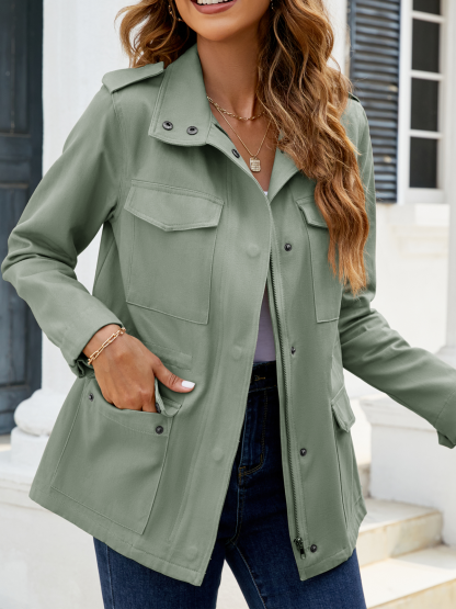 Zip Up Snap Buttons Military Anorak Jackets