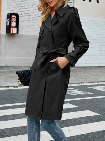 Women's Double Breasted Long Trench Coat Windproof Classic Lapel Slim Overcoat with Belt