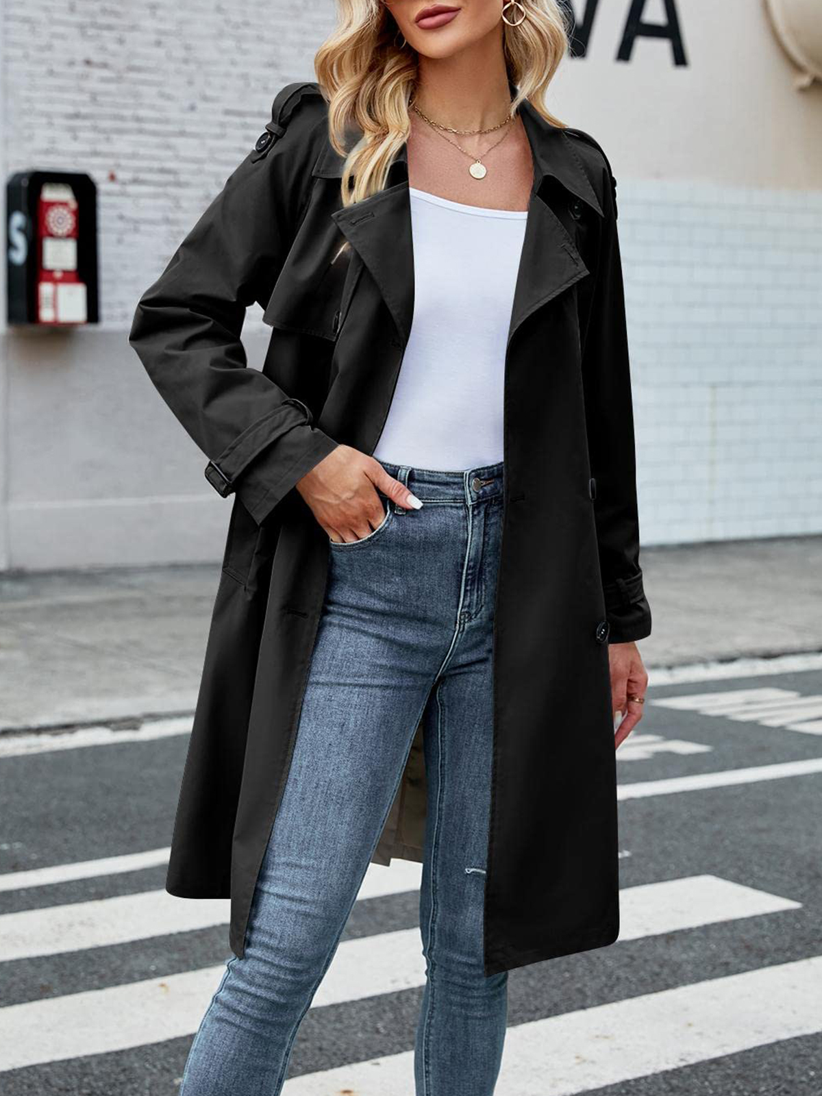 Women's Double Breasted Long Trench Coat Windproof Classic Lapel Slim Overcoat with Belt