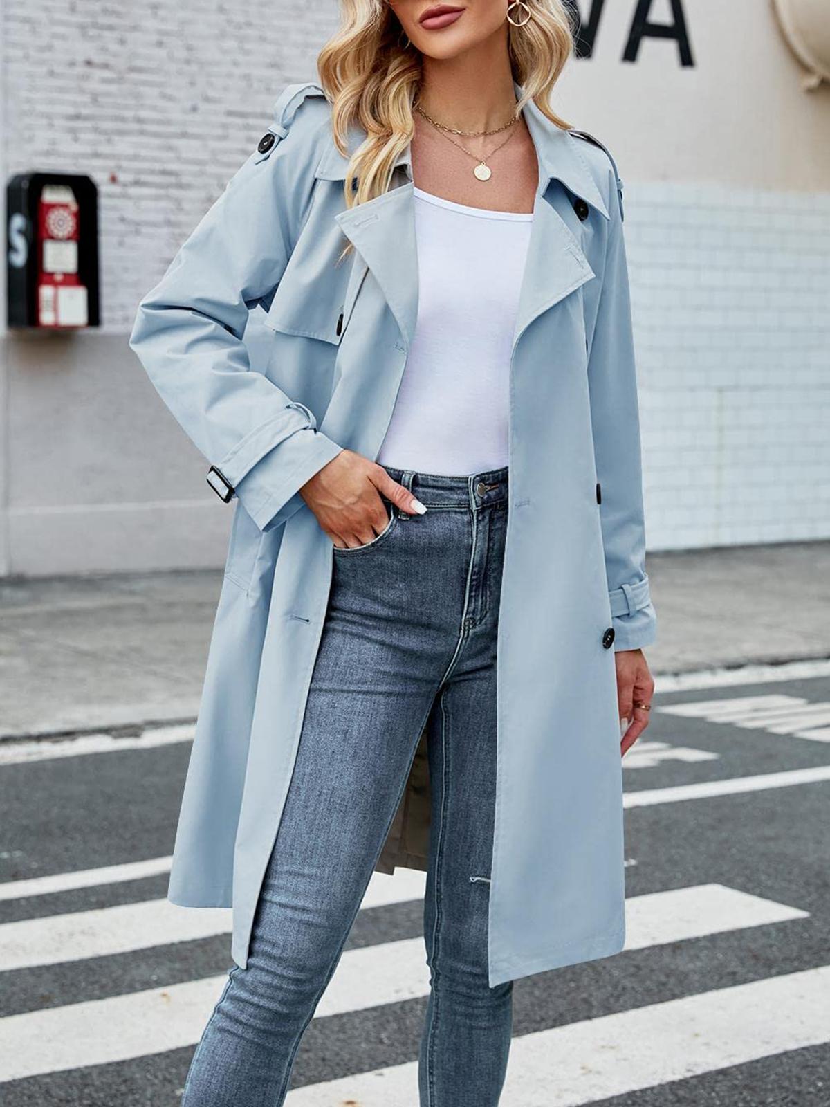 Women's Double Breasted Long Trench Coat Windproof Classic Lapel Slim Overcoat with Belt