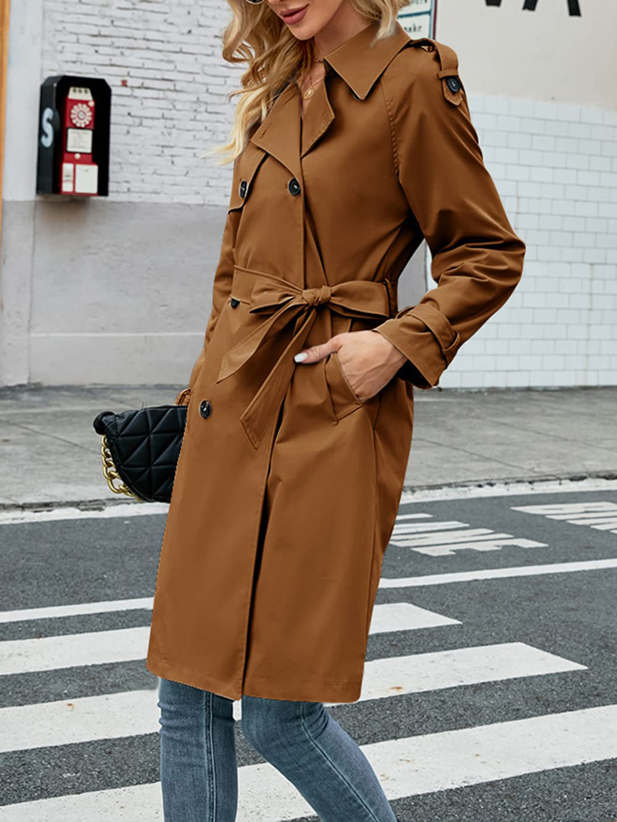 Women's Double Breasted Long Trench Coat Windproof Classic Lapel Slim Overcoat with Belt