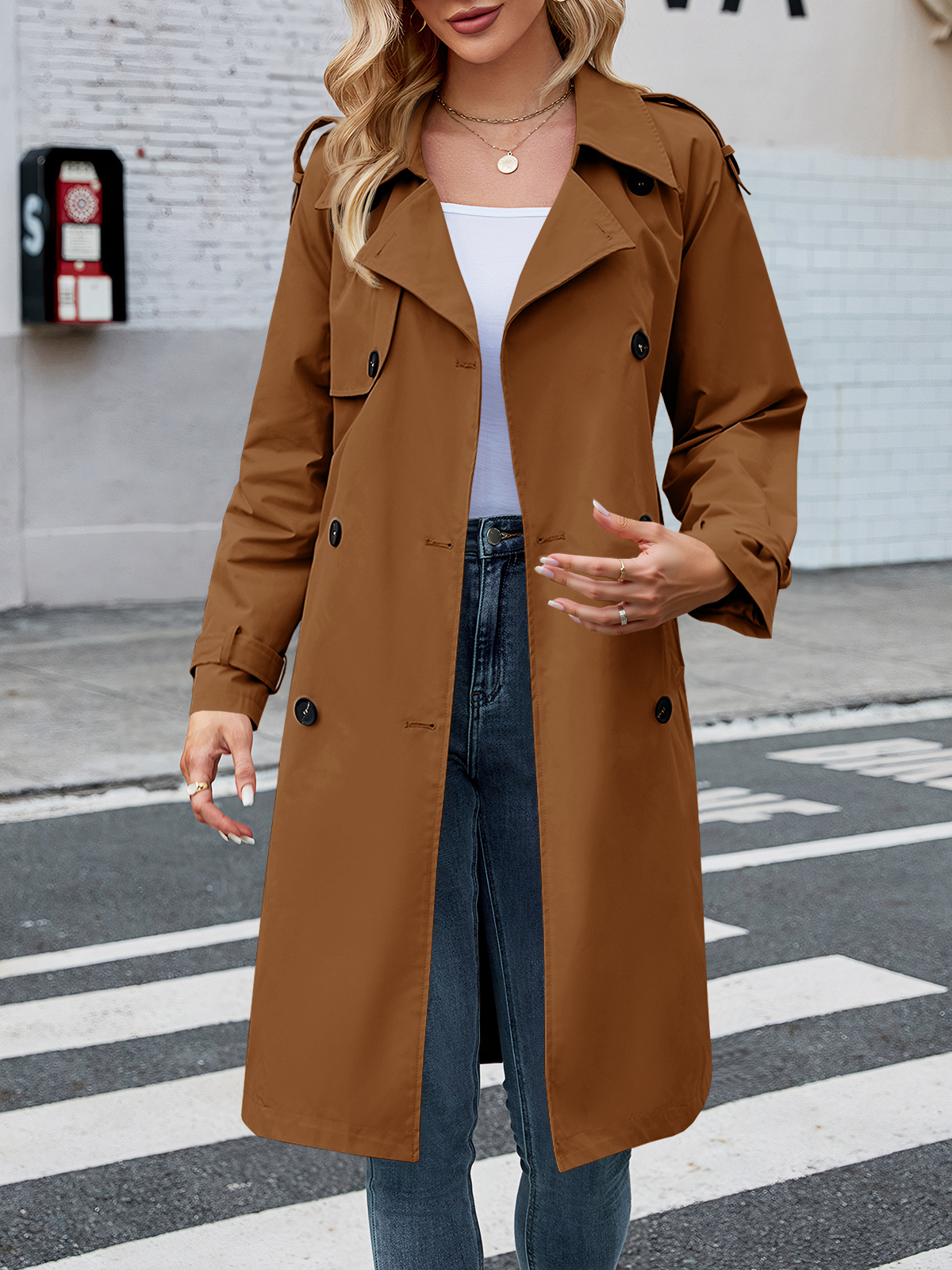 Women's Double Breasted Long Trench Coat Windproof Classic Lapel Slim Overcoat with Belt