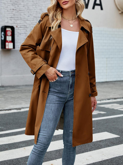 Women's Double Breasted Long Trench Coat Windproof Classic Lapel Slim Overcoat with Belt