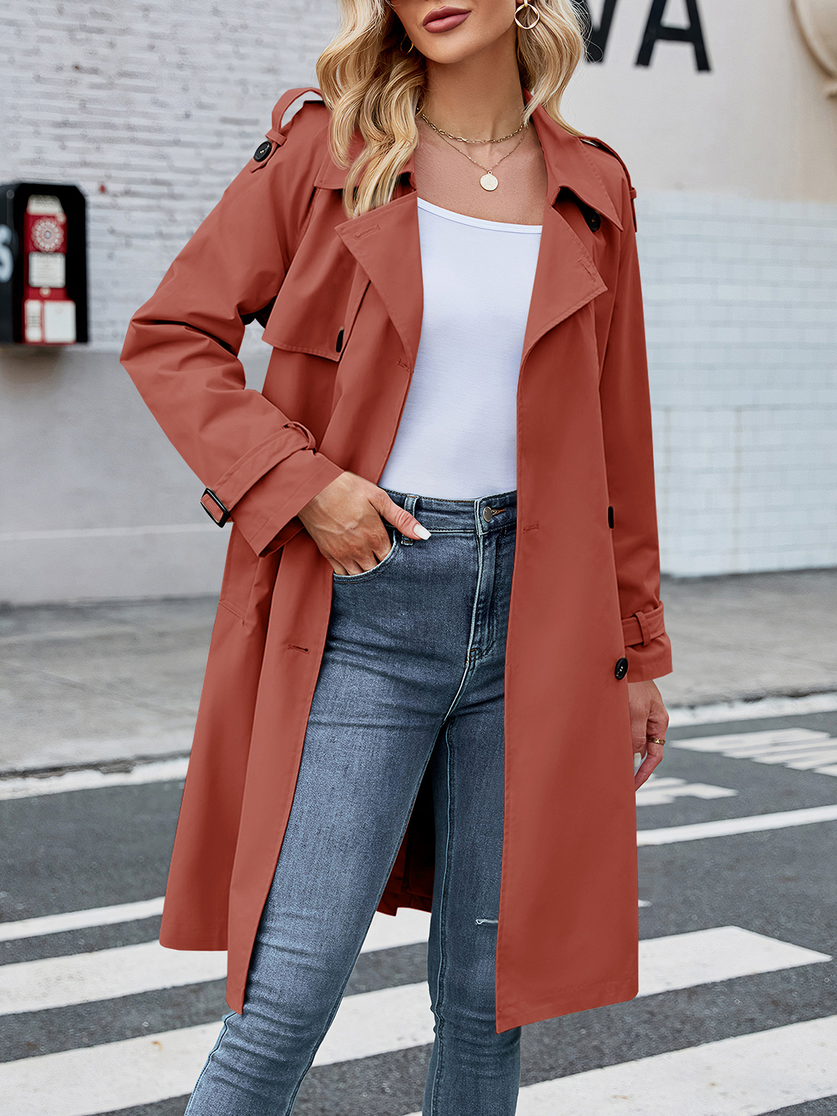 Women's Double Breasted Long Trench Coat Windproof Classic Lapel Slim Overcoat with Belt