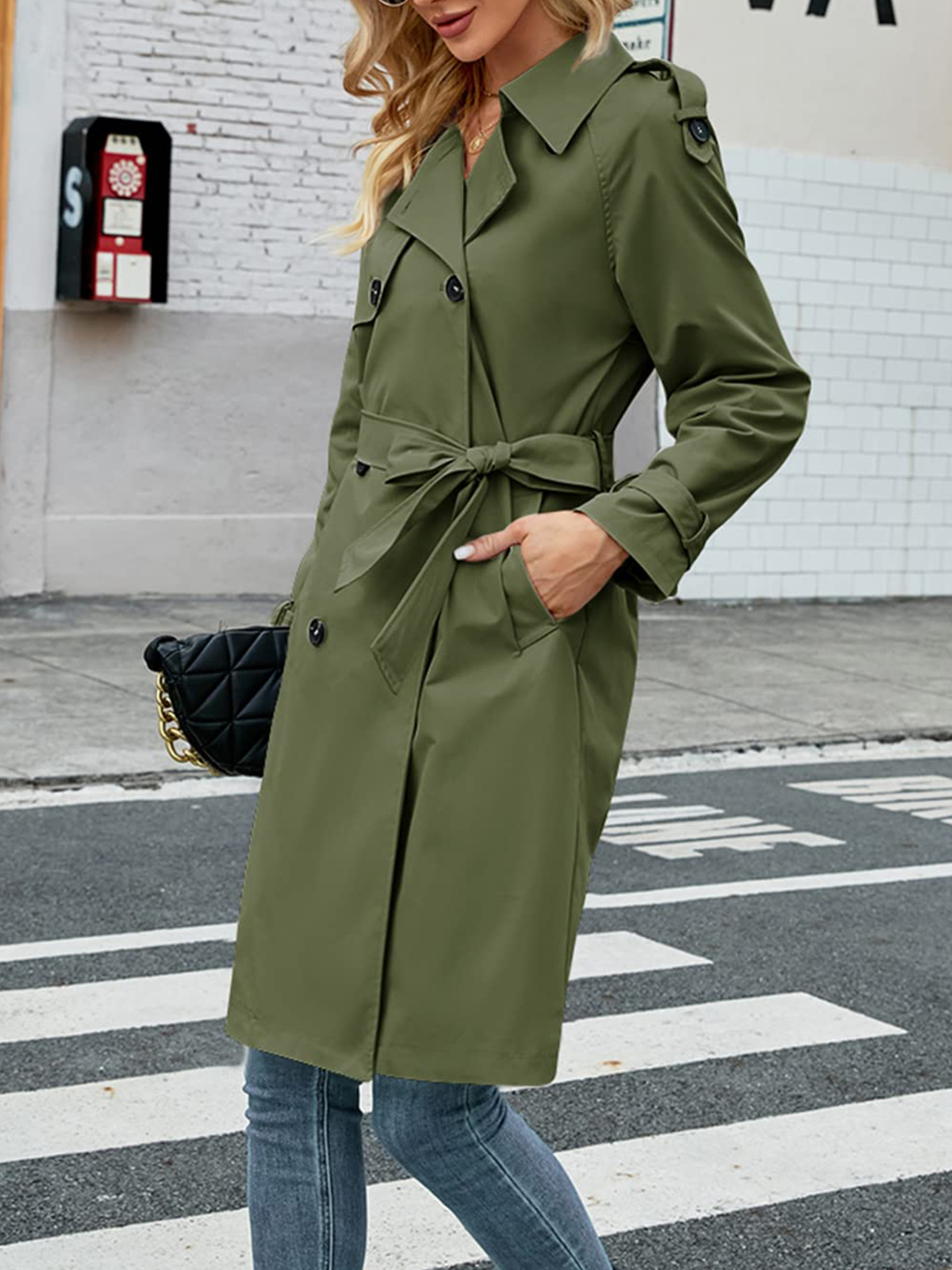 Women's Double Breasted Long Trench Coat Windproof Classic Lapel Slim Overcoat with Belt