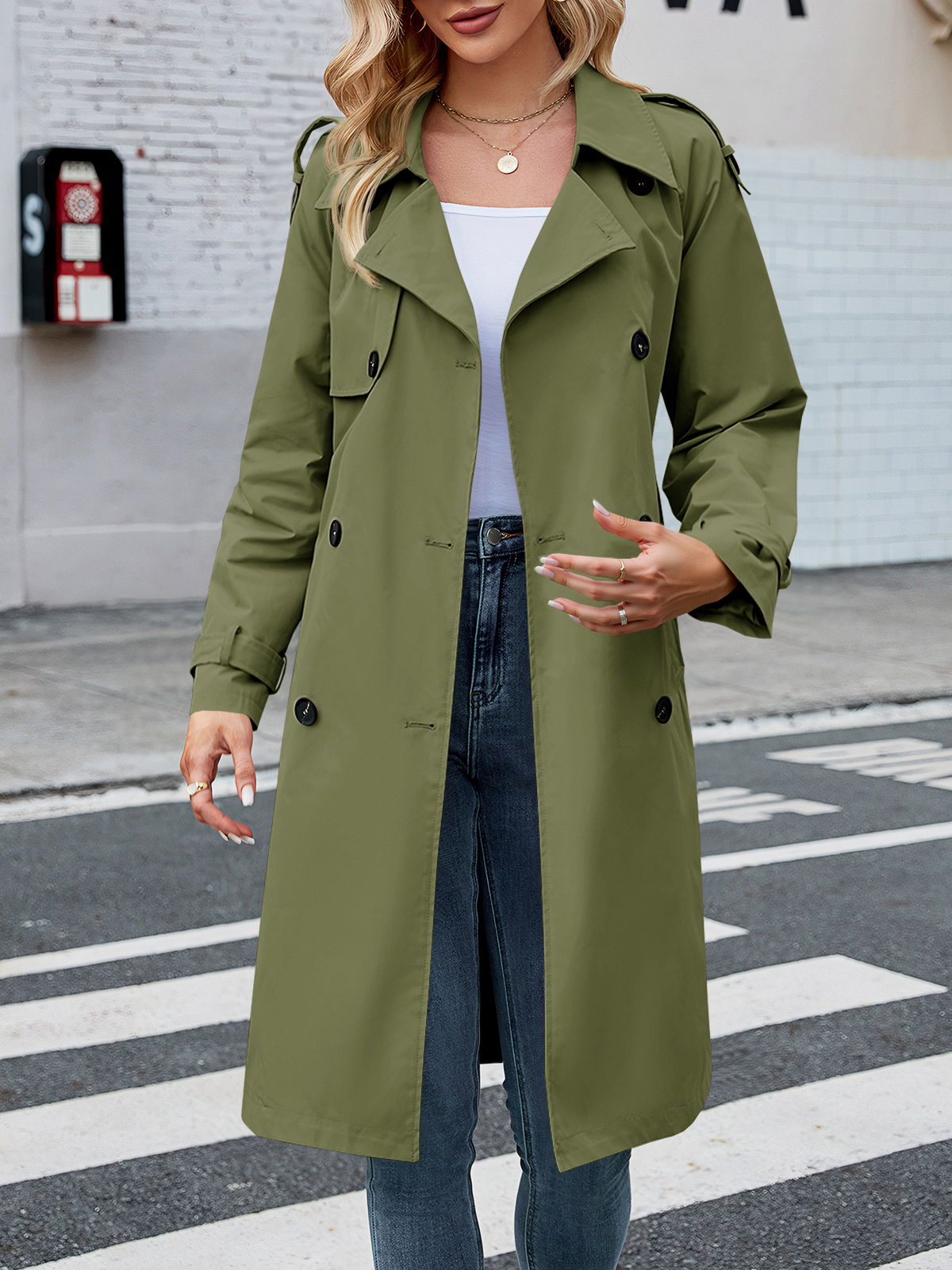 Women's Double Breasted Long Trench Coat Windproof Classic Lapel Slim Overcoat with Belt